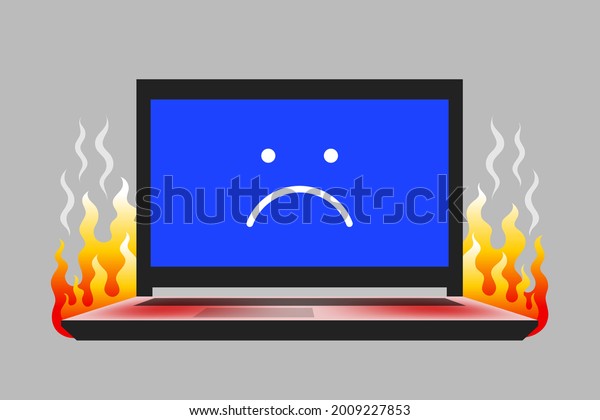 Open laptop with unhappy sad face icon on\
blue screen, with hot red surface and flame. Concept of overheating\
of PC during heavy load and hot\
weather