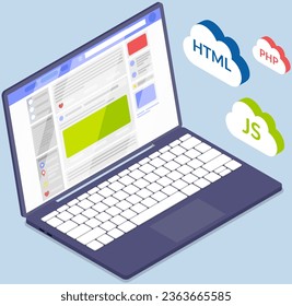 Open laptop with user profile in social media. Modern notebook pc. Portable computer for work and study digital gadget with programming language symbols. Technical equipment for chatting with friends