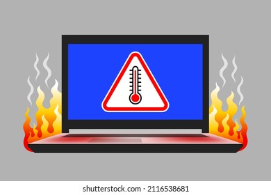 Open laptop and warning triangular sign with thermometer icon inside, and flame. Concept of overheating of PC during heavy load and hot weather, dangerous very high operating temperature, PC failure