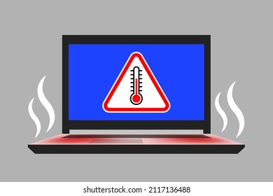 Open laptop and warning triangular sign with thermometer icon inside, and white hot steam. Concept of overheating of PC during heavy load and hot weather, dangerous high operating temperature