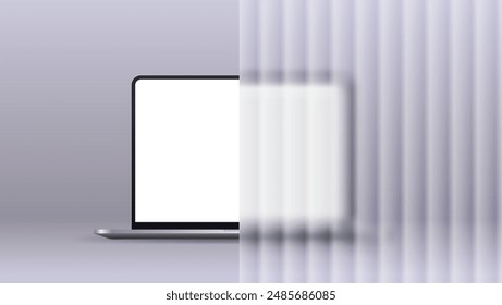 Open laptop with white screen behind ribbed glass. Realistic vector illustration