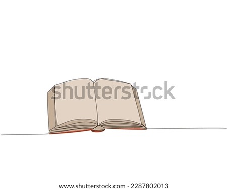 Open large book with hardcover one line colored art. Continuous line color drawing of book, library, education, school, study, literature, paper, textbook, knowledge, read, learn, page, reading.