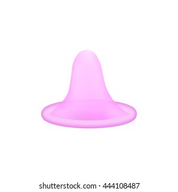 Open latex condom over white background. Realistic vector 3d illustration. Condom without pack. Rolled-up condom icon or sign isolated. Contraceptive method.