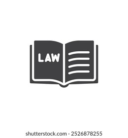Ícone vetor de livro de lei aberto. sinal plano preenchido para conceito móvel e web design. Ícone de glifo do Livro Legal. Símbolo de conhecimento legal, ilustração de logotipo. Gráficos vetoriais