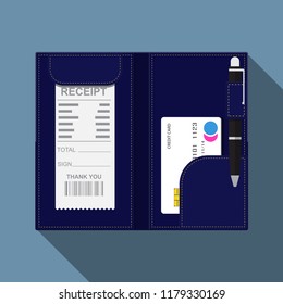 Open leather bill folder with credit card and pen.