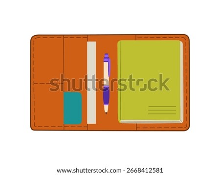 Open leather bound notebook with pen. Diary, daily planner, organizer, office and school stationery. Hand drawn vector illustration isolated on white background, flat cartoon style