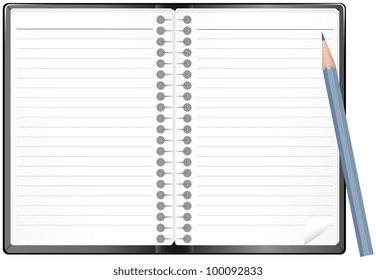 Open leather notepad with pencil on white background