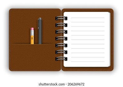 Open  leather sp?ral notepad with pencil and pen. Vector illustration.