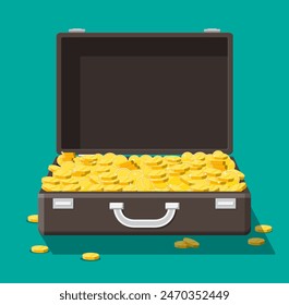 Open leather suitcase full of money. Stacks of gold coins in case. Symbol of wealth. Business success, treasures. Flat style vector illustration.