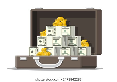 Open leather suitcase full of money. Stacks of dollar banknotes and golden coins in case. Symbol of wealth. Business success. Flat style vector illustration.