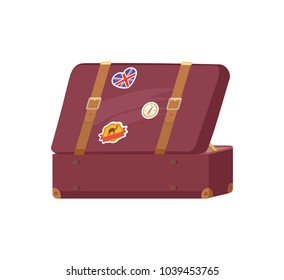 Open leather vintage suitcase with decorative memories of Great Britain flag in heart shape, Egypt card with camel silhouette, retro clock vector