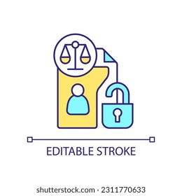 Open legal case documents RGB color icon. Access to personal information. Court papers folder. Isolated vector illustration. Simple filled line drawing. Editable stroke. Arial font used