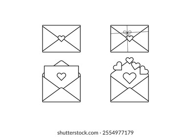 Open letter envelope icon, love letter with heart. Oline style romantic design elements