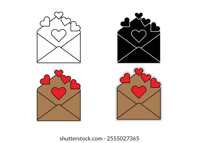 Open letter envelope icon, love letter with brown color and red heart. Outline, silhouette, cartoon and sticker styles.