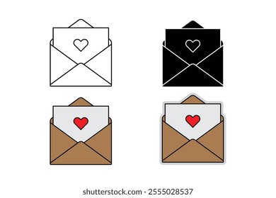 open letter envelope with love paper, love letter with brown color and red heart. Outline, silhouette, cartoon and sticker styles.