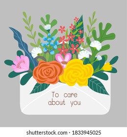 open letter with flowers inside over envelope,to care about you,concept,vector illustration