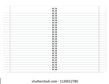 Open letter format notebook, vector mock up. Lined pages with margin. Spiral bound notepad mockup. Wirebound diary spread isolated on white background, template
