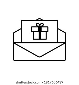 Open letter with gift box card. Concept of shopping, giftbox, xmas, sticker, delivery, wedding, festive, event day.