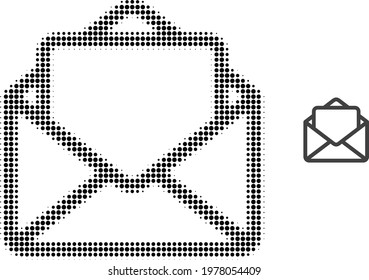 Open letter halftone dot icon illustration. Halftone pattern contains round points. Vector illustration of open letter icon on a white background. Flat abstraction for open letter symbol.