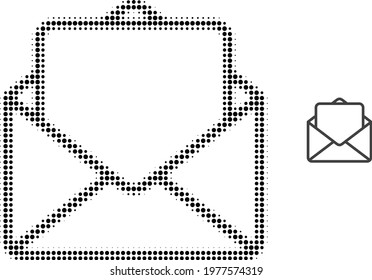 Open letter halftone dotted icon illustration. Halftone pattern contains round dots. Vector illustration of open letter icon on a white background. Flat abstraction for open letter symbol.