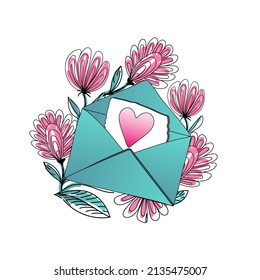 Ein offener Brief mit einem Herz, gezeichnet Elemente im Doodle-Stil. Umschlag umgeben von Blumen. Valentinstag-Karte ausfüllen.  