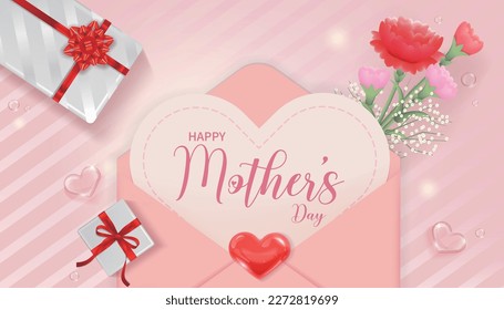 Open letter with heart shaped card saying Happy Mother's Day with bouquet of carnations and gift on pink background