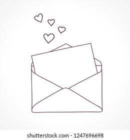 Open letter with hearts. Outline doodle graphic style