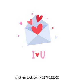 Open letter with herts vector illustration on white background. Cute Saint Valentine's Day doodle symbol