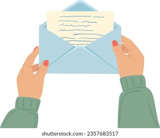 Open letter in human hands. Handwritten paper in envelope