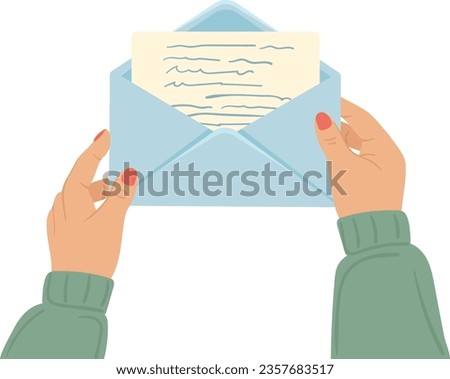 Open letter in human hands. Handwritten paper in envelope