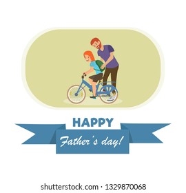 Open Letter With an Inscription Happy Fathers Day. Lettering Graphic Background. Father Trains Daughter to Ride Bike and Rejoice. People in Oval Frame Below Blue Ribbon with Inscription.