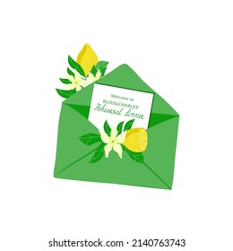 An open letter, an invitation, decorated with ripe yellow lemons and flowers, hand-drawn. Welcome to the rehearsal dinner. Party invitation, holiday banner, greeting card. Vector cartoon illustration.