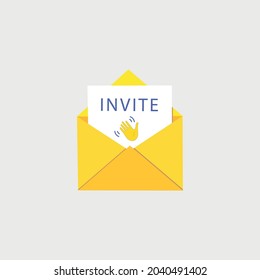 Open letter of invitation isolated on gray background. Letter, envelope, welcome sign, text. Receive mail icon. Vector illustration in cartoon style. 