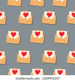 In an open letter, a red heart. Vector pattern in a flat style. Simple seamless pattern. Valentine's Day background.