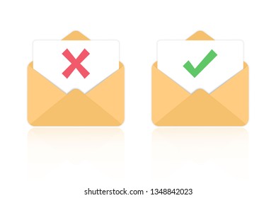 Open letter rejectioned and approved. Opened envelope and document with red mark and round green check mark icon