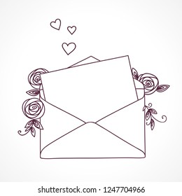 Open letter with roses and hearts. Postal holiday outline doodle graphic design.
