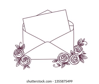 Open letter with roses and hearts. Postal holiday outline doodle graphic design.