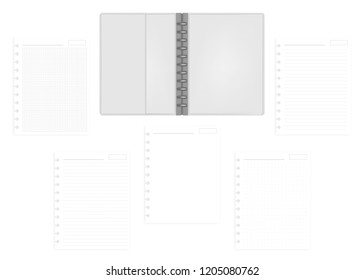 Open letter size disc bound notebook folder with set of various ruled hole punched filler paper sheets, vector mockup. Gray leather discbound loose leaf business diary, template