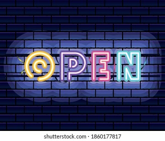letras abiertas en neón tipo de letra con ladrillos diseño de ilustración vectorial