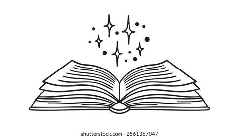 Open library book magic of reading, shining with stars doodle hand drawn icon. Outline drawing open book line clipart symbol. Vector illustration