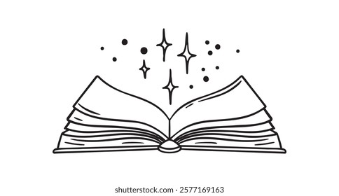 Open library book magic of reading, shining with stars doodle hand drawn icon. Outline drawing open book line clipart symbol. Vector illustration