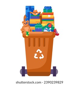 Open lid fulled container for storing, recycling and sorting used household textile waste. Transportable trash container for scraps of fabric, toys and old clothes. Cartoon isolated vector