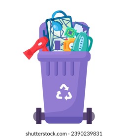 Offener gefüllter Behälter für die Lagerung, das Recycling und die Sortierung gebrauchter Haushaltsabfälle. Transportierbarer Mülleimer für alte Telefone, Monitore, Elektronik, TV. Cartoon-einzelne Vektorgrafik