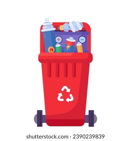 Contenedor de tapa abierta alimentado para almacenamiento, reciclado y clasificación de desechos peligrosos domésticos usados. Basura roja transportable para artículos combustibles y inflamables. Vector aislado de dibujos animados