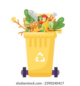 Open lid fulled container for storing, recycling and sorting used household organic waste. Transportable trash bin for leftover food, vegetables and fruits. Cartoon isolated vector