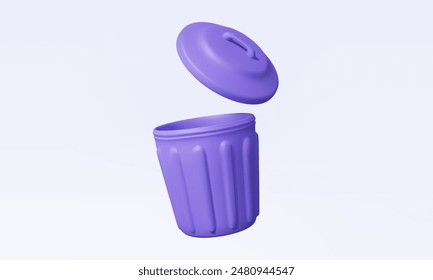 Open lid purple bin floating on isolated white background. 3D icon trash environment garbage home or office, plastic waste, pollution, dustbin clean, cartoon style. Eps 10 vector. 3d rendering