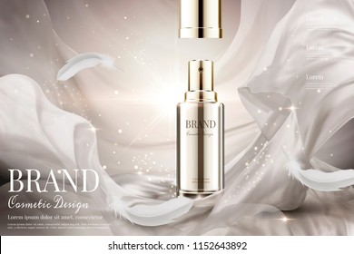 Open lid skincare spray with weaving pearl white satin and feathers in 3d illustration on shimmering background