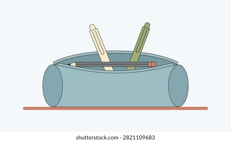 Open light blue cylindrical pencil case with two pens and a pencil sticking out on a warm neutral table surface.