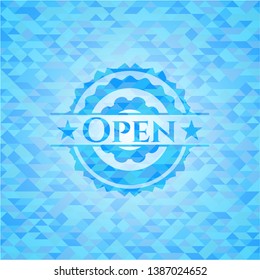 Open light blue emblem with triangle mosaic background