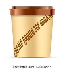 Open light brown Paper or Plastic creme brulle Cup with black lid For Dessert, Yogurt, Ice Cream, Sour cream Or Snack. Tub Food Container Illustration Isolated On White Background. Mock Up Template.